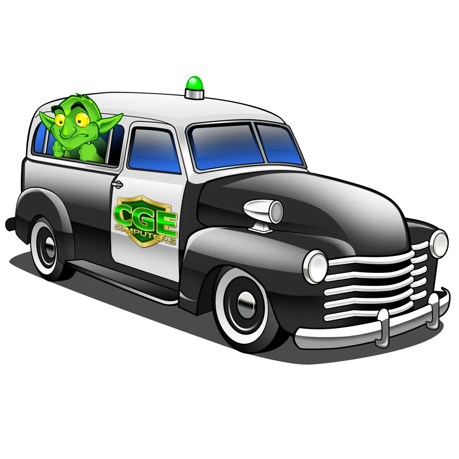 The CGE gremlin riding in a vintage patrol wagon